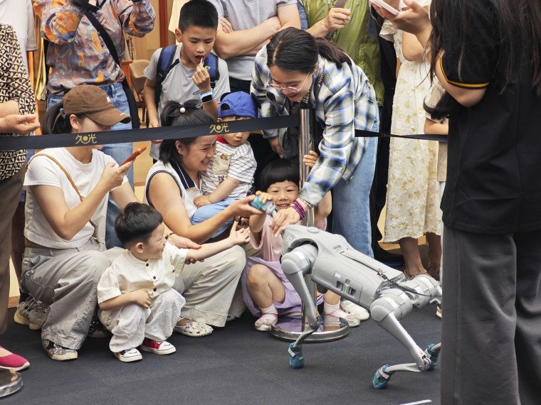 Visitors interact with Go2 robotic dog at the Unitree Robotics store in Shanghai in May.VCG via Getty Images