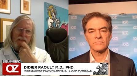 A screengrab of a video posted to Dr Mehmet Oz’s Facebook page on 23 March 2020, showing him in conversation with Dr Didier Raoult.Photograph: Dr Mehmet Oz via Facebook