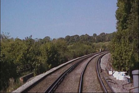 Rear-facing CCTV image from a train that passed the derailment location on 13 August shows the track irregularity visible by the white ballast bags.Photograph: Courtesy of Greater Thameslink Railway
