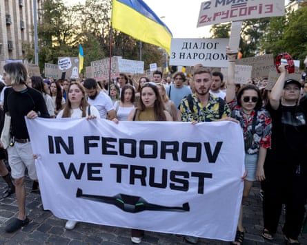 A banner at a march in central Kyiv on Sunday.Photograph: Serhii Okunev/AFP/Getty Images