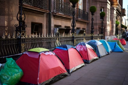 A row of tents outside the Midland hotel in Manchester last year.Photograph: Christopher Thomond/The Guardian