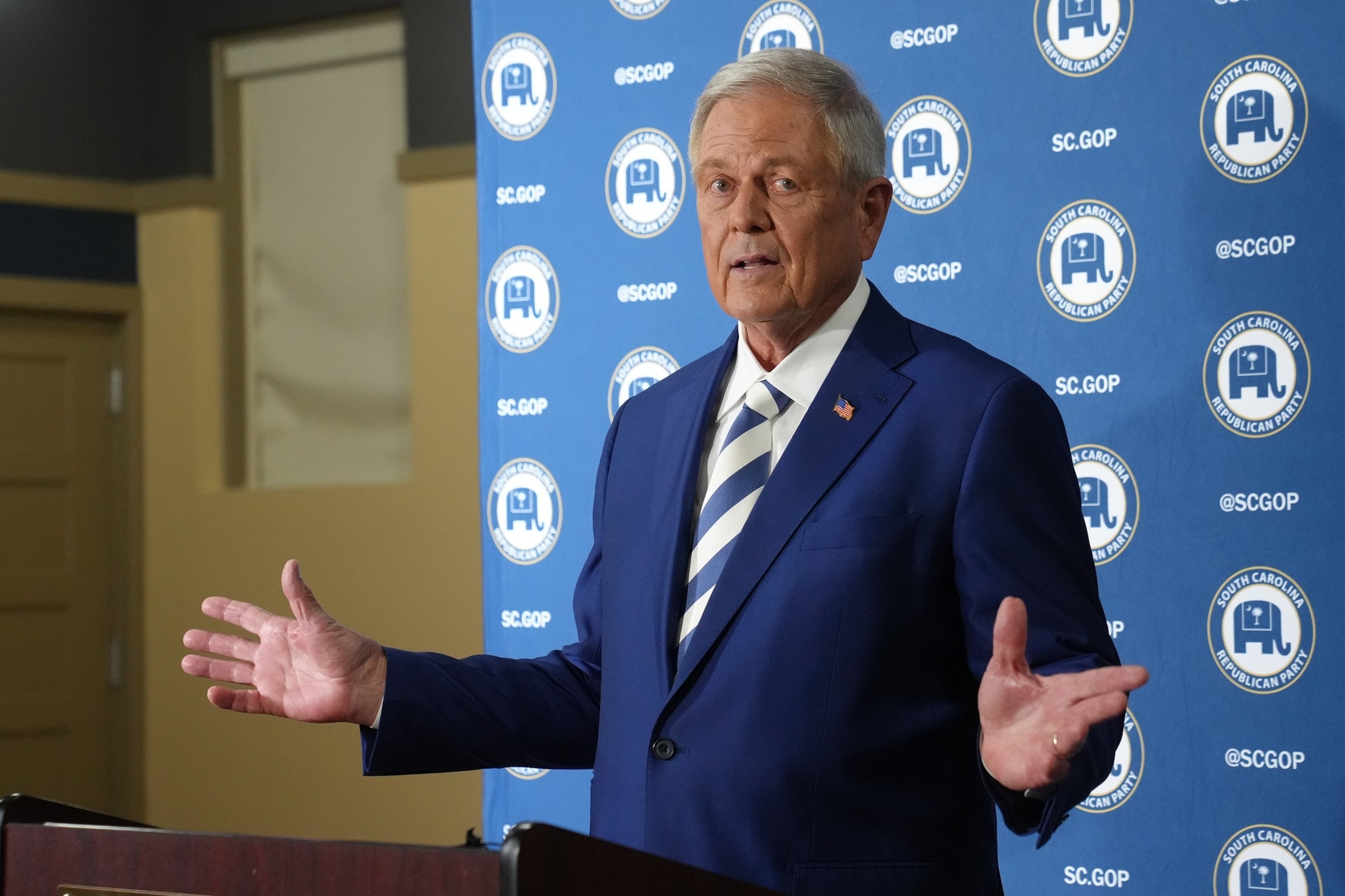 Rep. Ralph Norman speaks with reporters after special GOP Senate runoff debate with U.S. Sen. Darline Graham, R-S.C., to replace the late Sen. Lindsey Graham, R-S.C., Aug. 18, 2026, in Newberry, S.C.Meg Kinnard/AP Photo