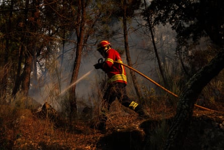 A firefighter in Vilarinho da Castanheira, Portugal.Photograph: Pedro Sarmento Costa/EPA