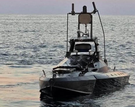 A marine drone, which Romanian defence minister Radu Miruță said was destroyed by F-16 fighter jets as it headed toward Romania's exclusive economic zone in the Black Sea near the Neptun Deep offshore gas project.Photograph: Radu Miruta/Facebook/Reuters