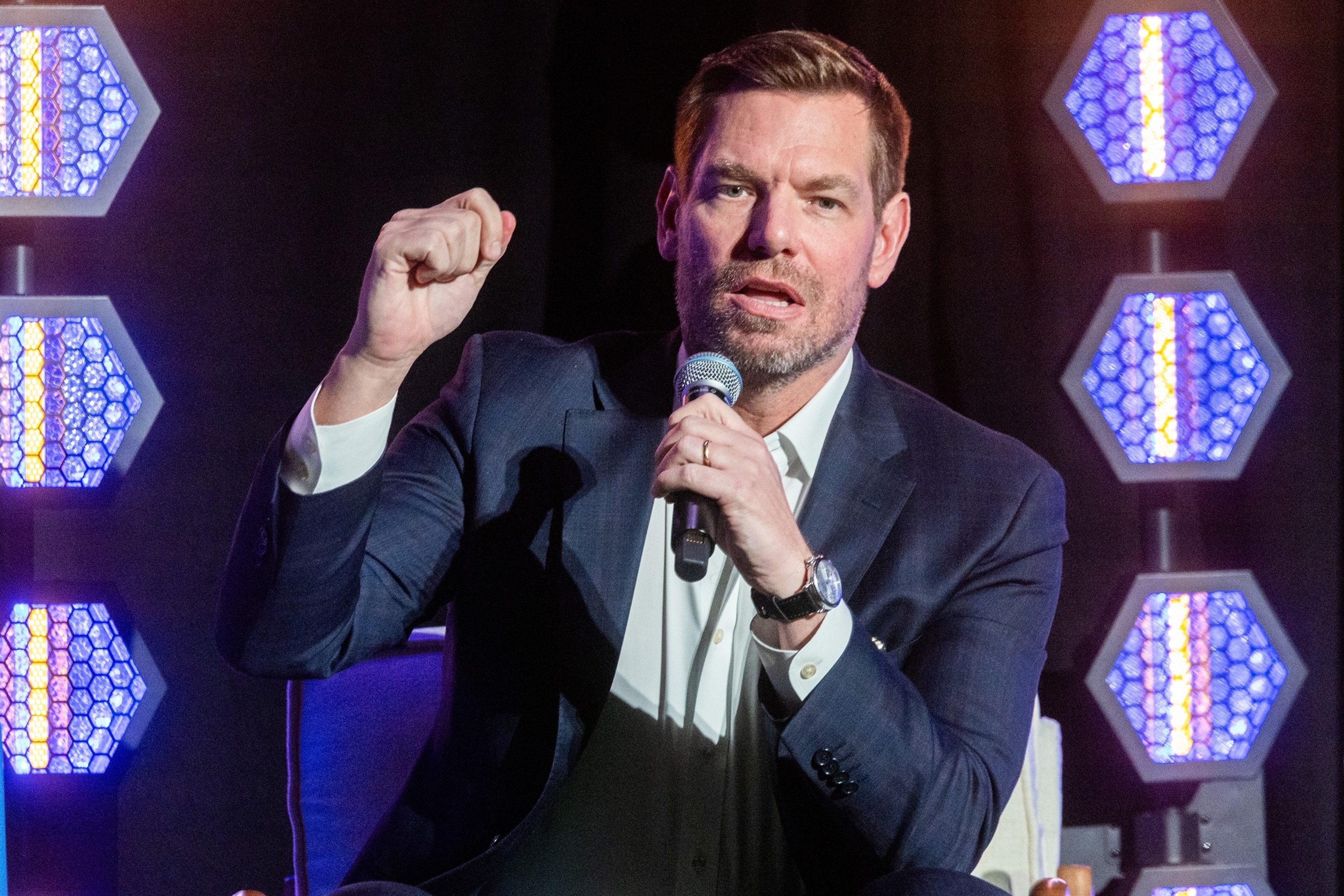 Rep. Eric Swalwell speaks during Jewish California Governor 2026 Candidate Forum at Skirball Cultural Center, Feb. 26, 2026 in Los Angeles, CA.Ronaldo Bolanos/Los Angeles Times via Getty Images