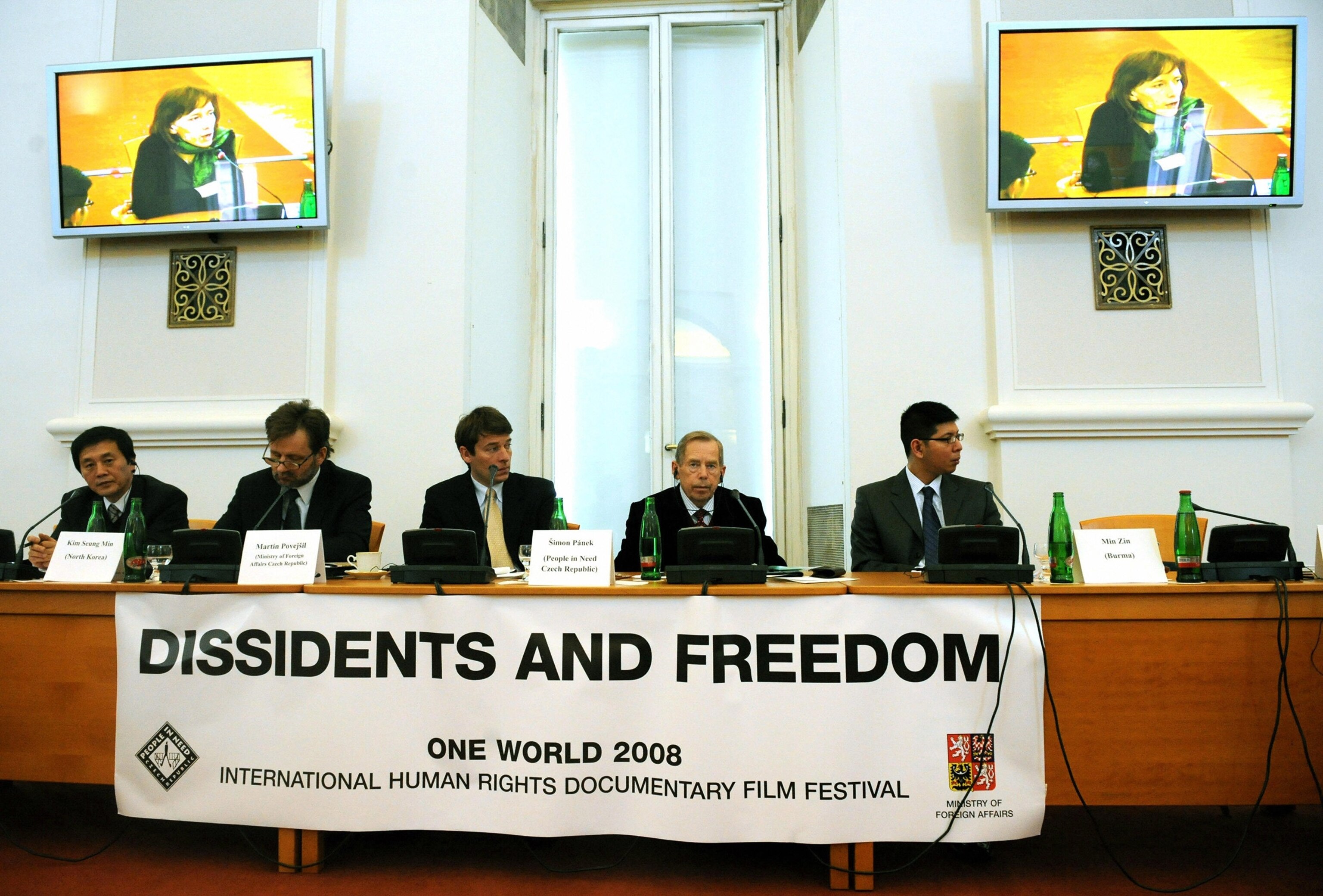 In this March 5, 2008, file photo, freedom activist Min Zin (far right) attends the Dissidents and Freedom forum at the Czech Foreign Ministry in Prague.Michal Cizek/AFP via Getty Images, FILE