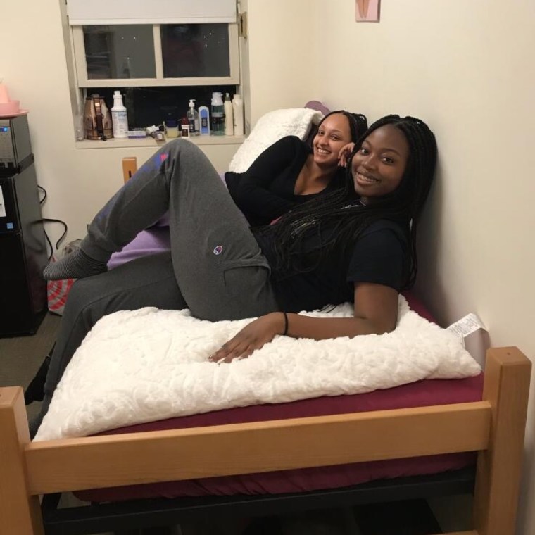 Pictured here is an ancient photo of me and my suitemate on move-in day, freshman year of college. I was 18 with an overpacked car, adult braces and a dream.Courtesy Jem Alabi