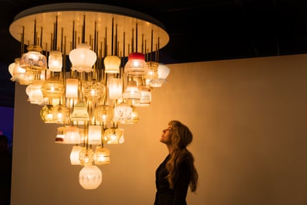 Stuart Haygarth’s Shadey Family on show in The Light is composed of 62 vintage glass lampshades.Photograph: Gary Calton/The Guardian
