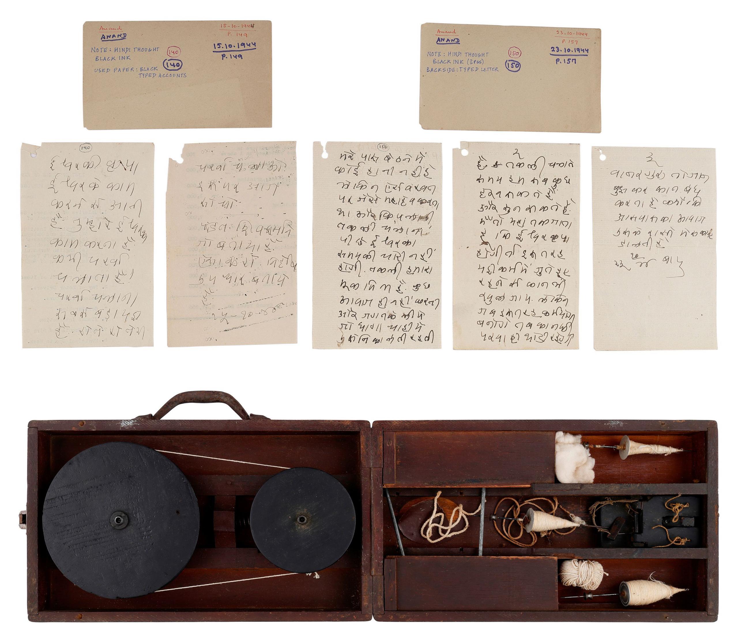 Image caption,Gandhi's portable spinning wheel was among the 86 items auctioned