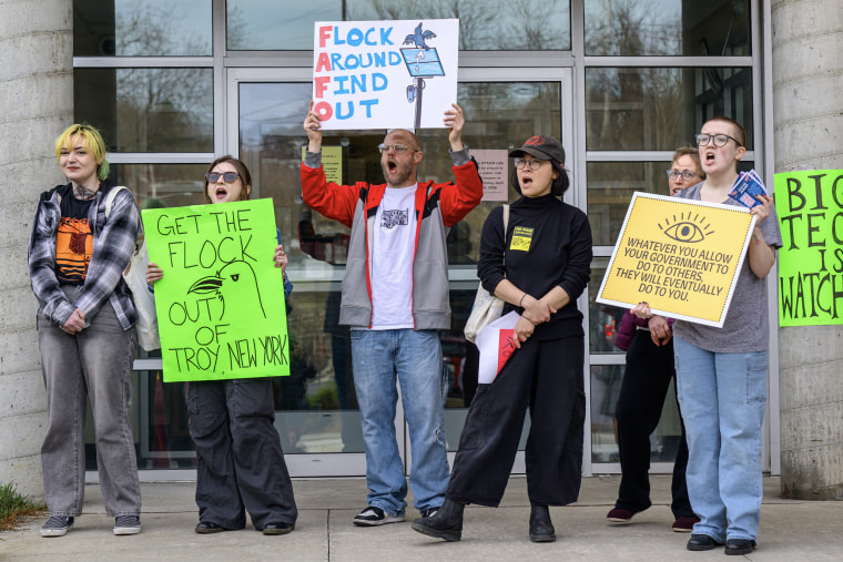Protesters rally against the use of Flock cameras outside City Hall in Troy, NY. on April 3, 2026.Jim Franco / Albany Times Union via Getty Images