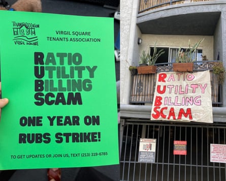 Signs hung by members of Los Angeles’ Virgil Square Tenants Association protesting their complex’s utility billing practices.Composite: Virgil Square Tenants Association
