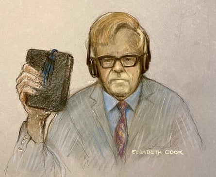A court sketch of Elton John giving evidence during the trial at the Royal Courts of Justice.Illustration: Elizabeth Cook/PA