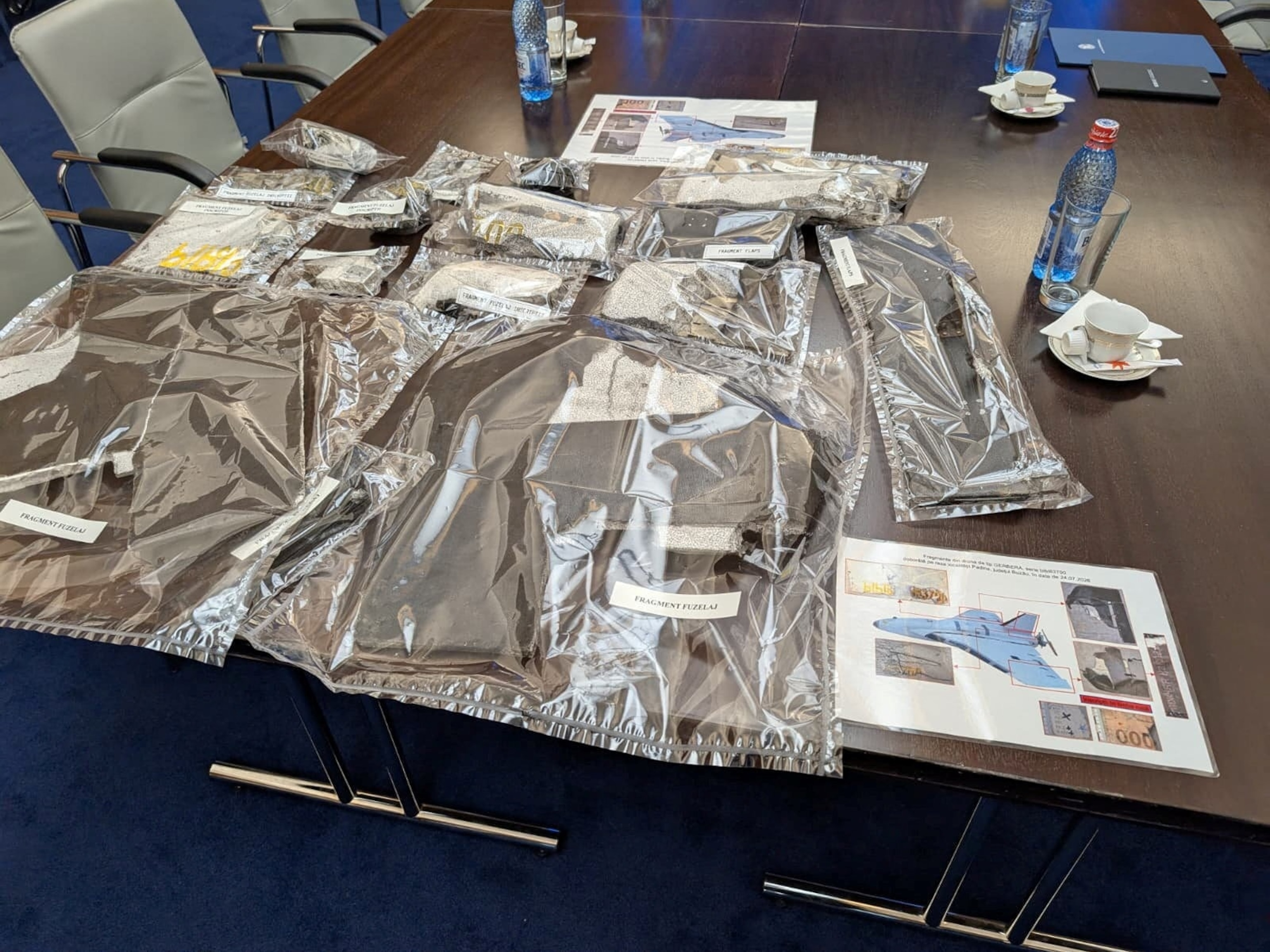 Fragments of drones downed on Romanian territory are displayed at the Romanian Foreign Ministry in Bucharest, Romania, in this handout image released on July 27, 2026.Romanian Foreign Ministry/via Reuters