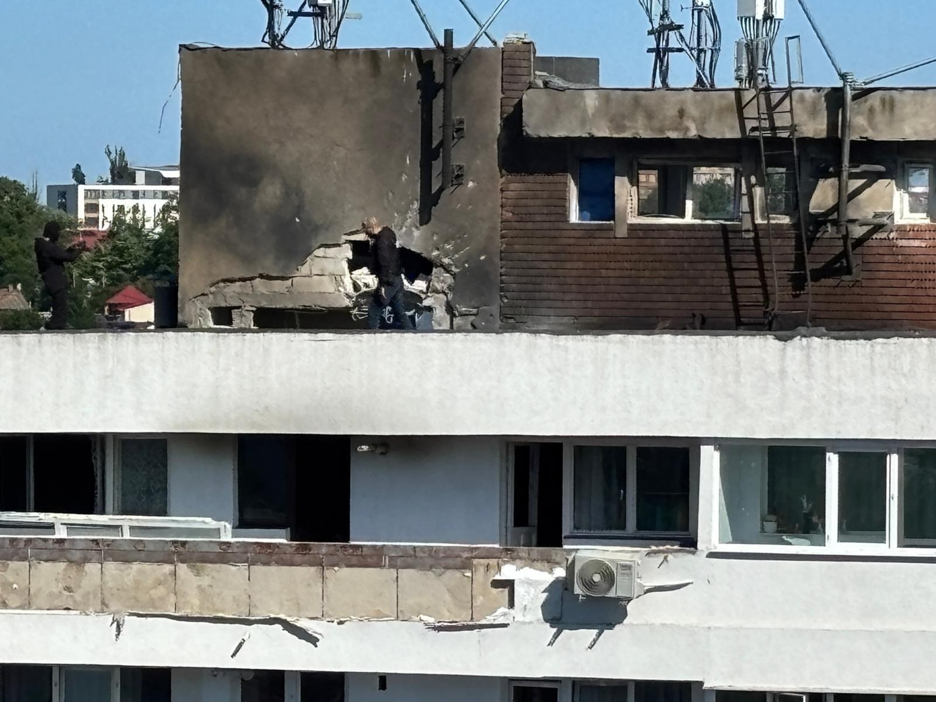 A view shows damage caused by a Russian drone hitting an apartment building in the eastern city of Galati, Romania, on May 29, 2026.Anadolu via Getty Images