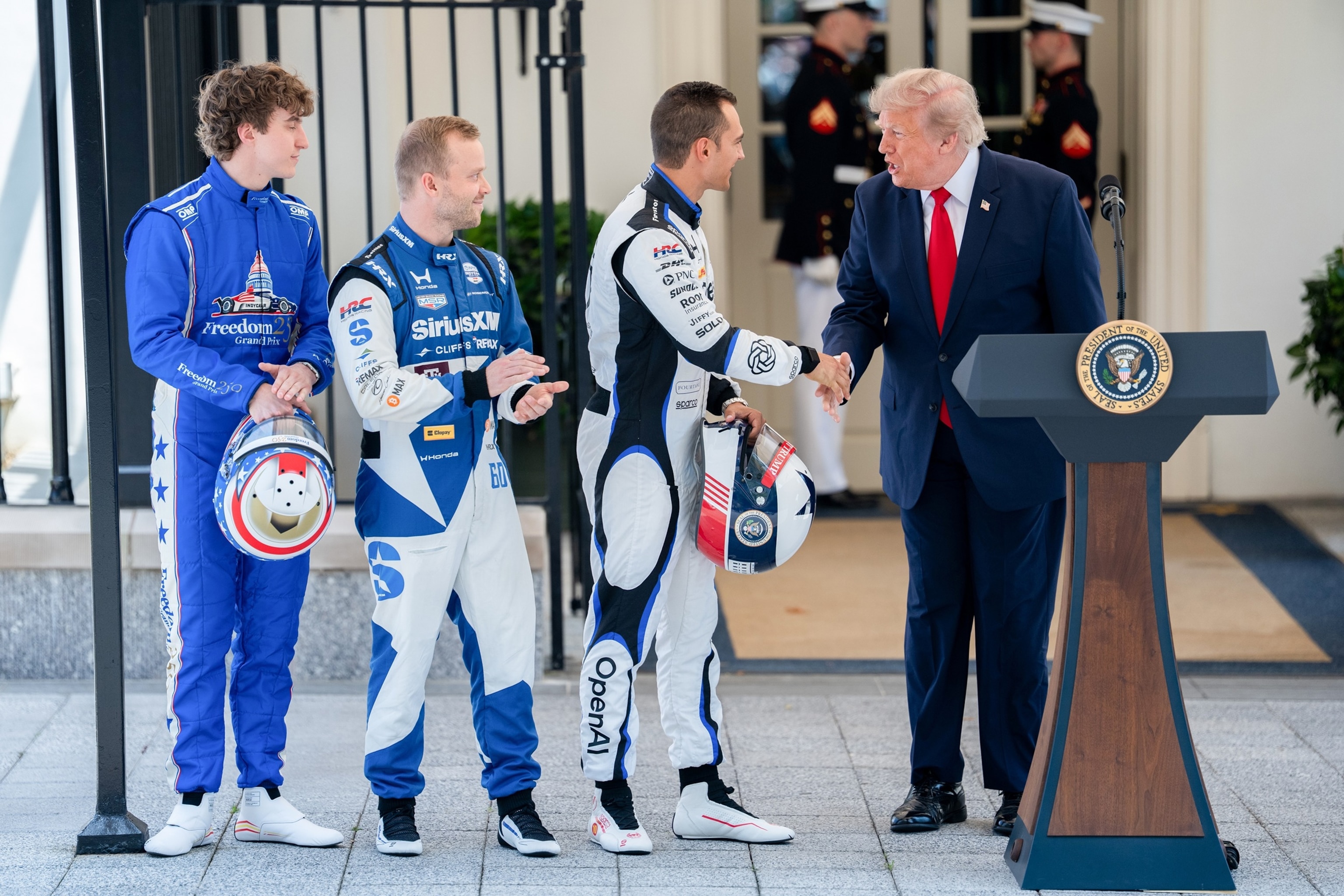 IndyCar driver David Malukas, from left, IndyCar driver Felix Rosenqvist, IndyCar driver Alex Palou, and Donald Trump during a Freedom 250 Grand Prix showcase at the White House in Washington, DC, July 13, 2026.Aaron Schwartz/CNP/Bloomberg via Getty Images