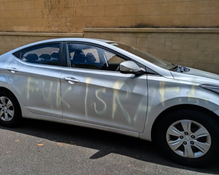 One of the cars vandalised in Woollahra.Photograph: The Guardian