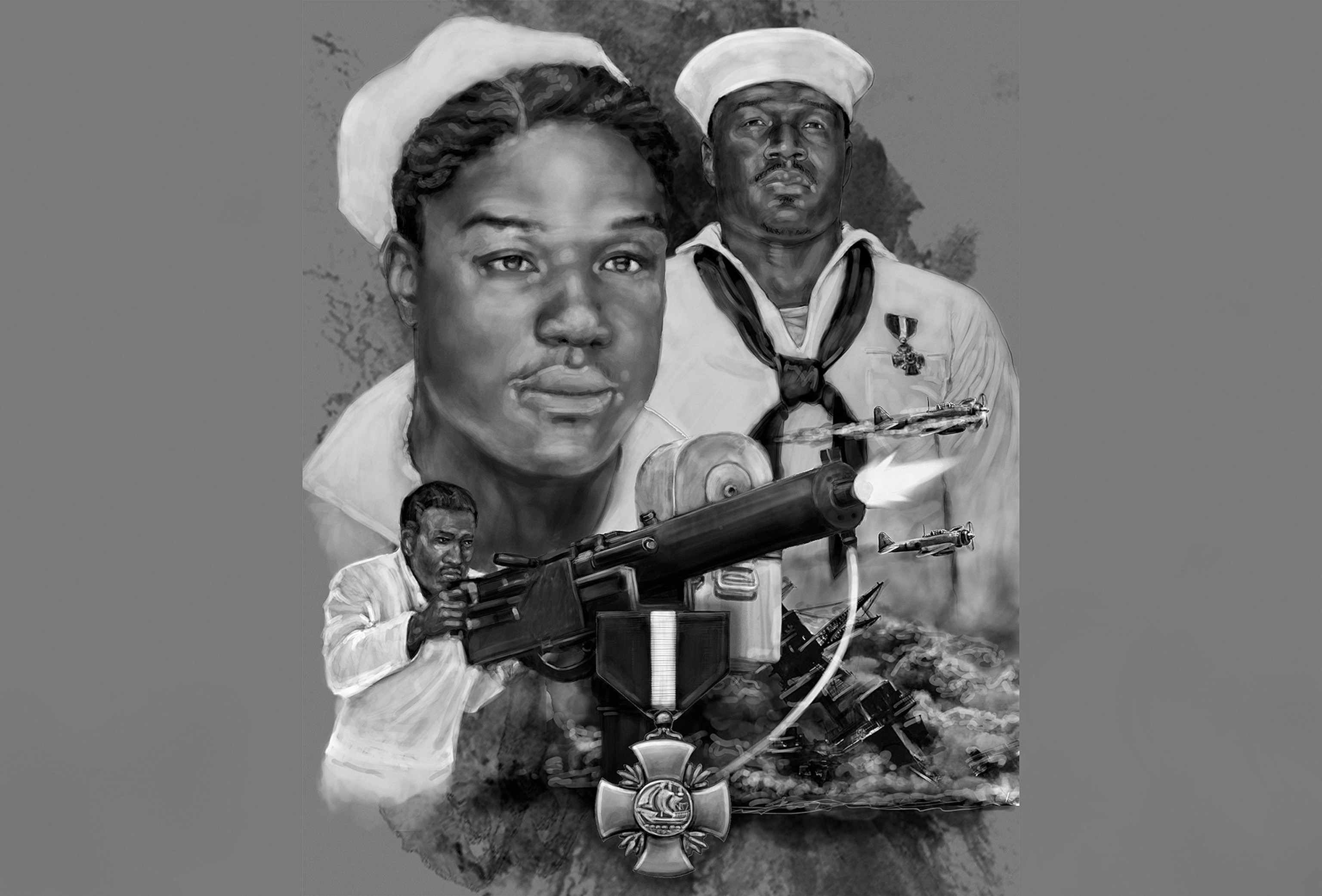Doris "Dorie" Miller enlisted in the U.S. Navy in September 1939 as a Mess Attendant and helped carry wounded sailors to safety during the attack on Pearl Harbor.Willie C. P. Kendrick III/US Navy