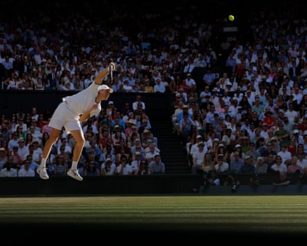 Jannik Sinner serves against Alexander Zverev in the men’s singles final at Wimbledon. Heidi Alexander, the transport secretary, accepted tickets worth £1,480 to the match.Photograph: Tom Jenkins/The Guardian