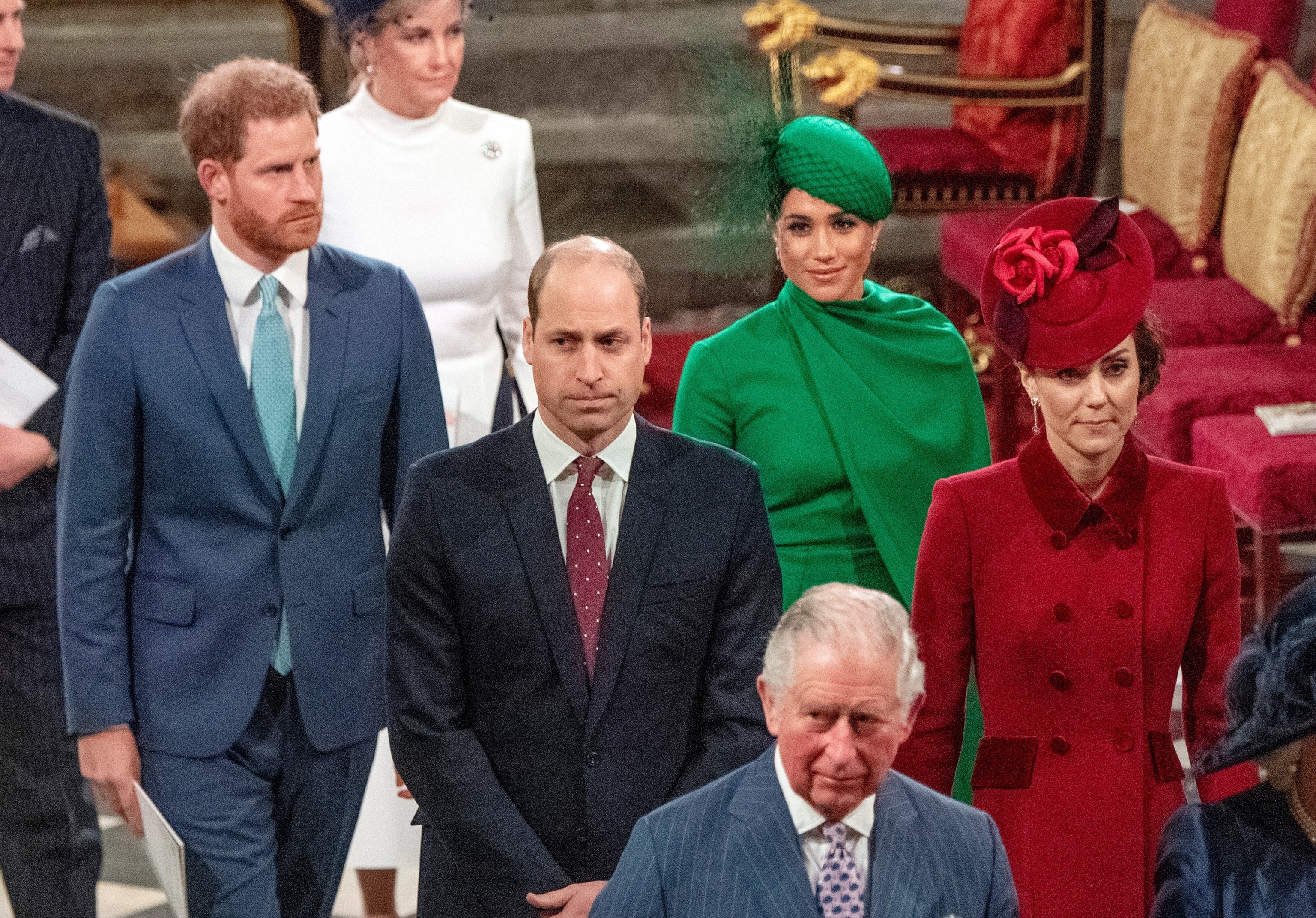 Britain's Prince Harry, Duke of Sussex (L) and Britain's Meghan, Duchess of Sussex (2nd R) follow Britain's Prince William, Duke of Cambridge (C) and Britain's Catherine, Duchess of Cambridge (R) as they depart Westminster Abbey after attending the annual Commonwealth Service in London on March 9, 2020.Phil Harris/POOL/AFP via Getty Images