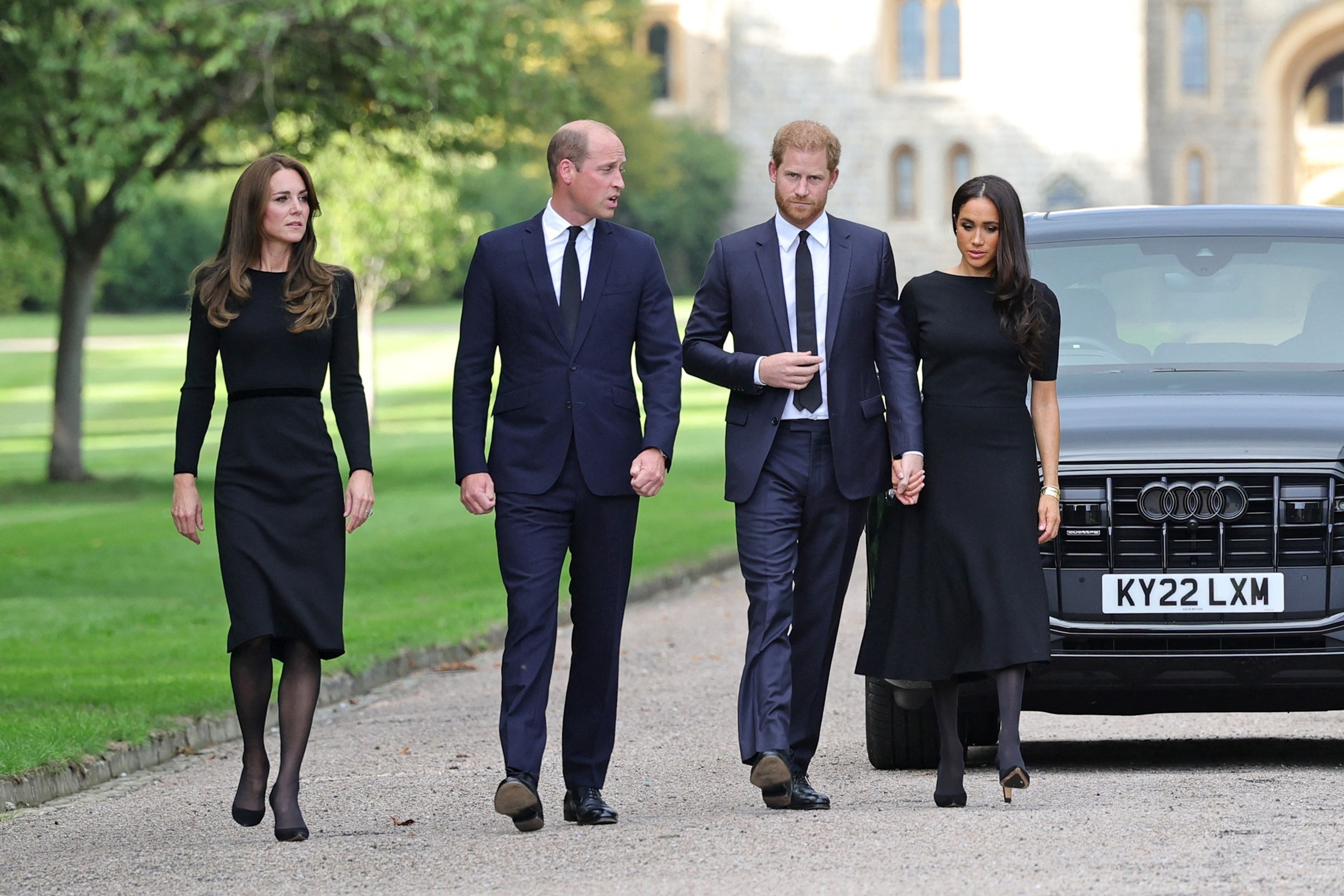 (L-R) Britain's Catherine, Princess of Wales, Britain's Prince William, Prince of Wales, Britain's Prince Harry, Duke of Sussex, and Meghan, Duchess of Sussex on the long Walk at Windsor Castle on September 10, 2022.Chris Jackson/POOL/AFP via Getty Images