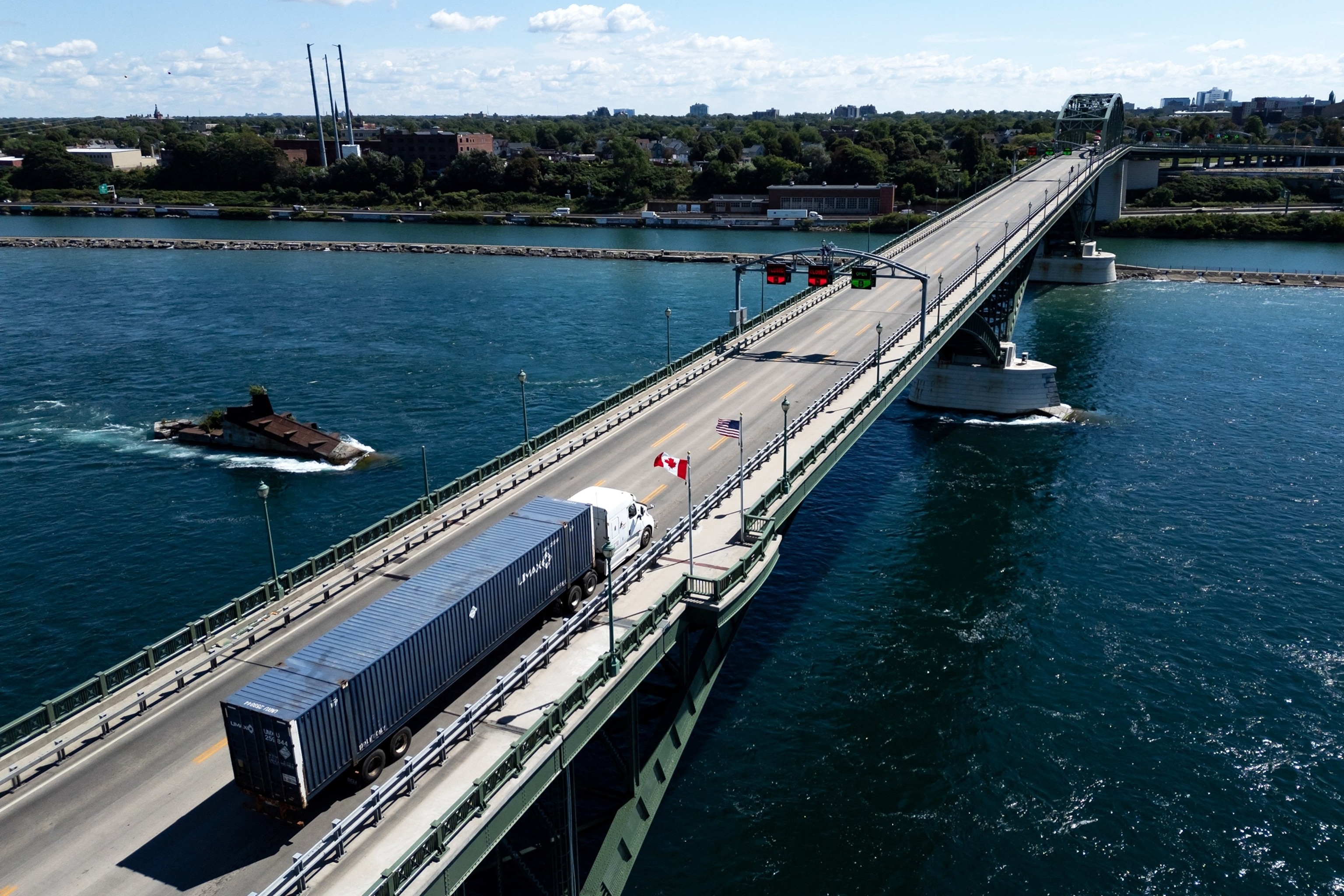 A truck passes over the Peace Bridge between Canada and the United States, in Fort Erie, Ontario, on Aug. 18, 2026.Cole Burston/AFP via Getty Images