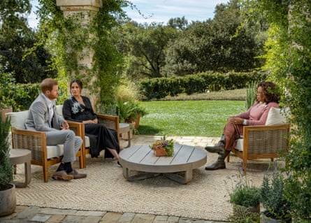 Prince Harry and Meghan, Duchess of Sussex, being interviewed by Oprah Winfrey in 2021.Photograph: Reuters