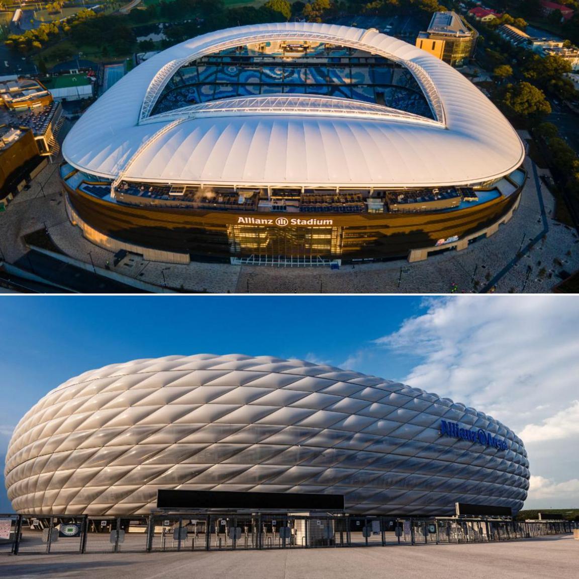 Image caption,The Munich arena (bottom) appears to feature on the medal instead of the Sydney landmark (above)