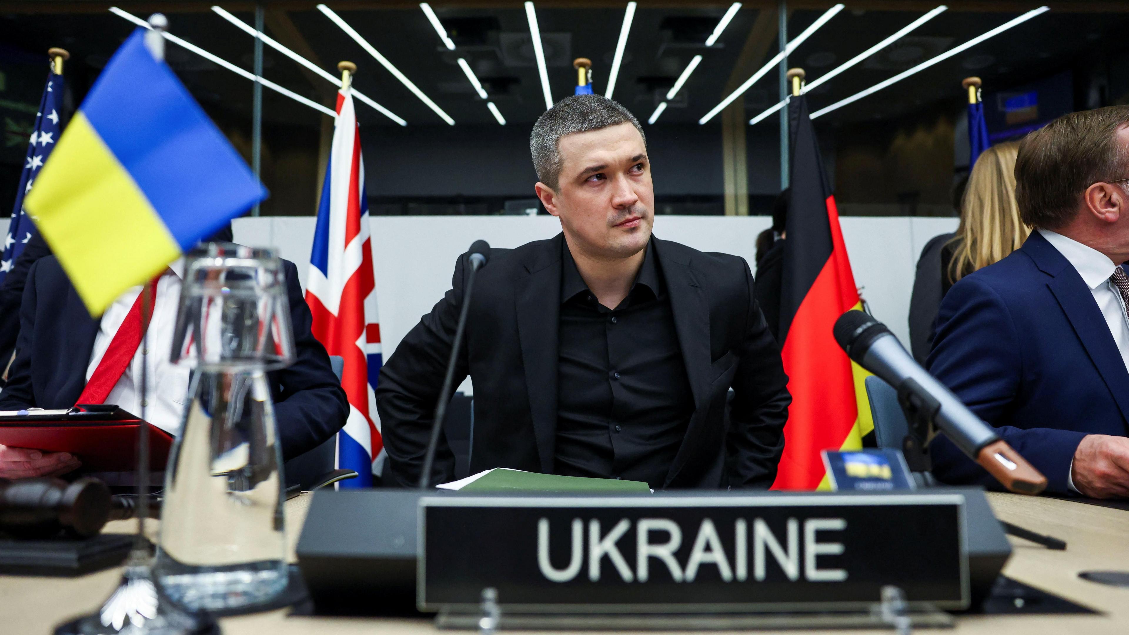 Image caption,Mikhailo Fedorov at a meeting of the Ukraine Defence Contact Group in Belgium in February