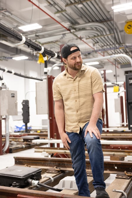 Ryan McElroen, of the International Brotherhood of Electrical Workers (IBEW) Local 3, at the union’s Electrical Industry Training Center in Long Island City, Queens.Photograph: Thalia Juarez/The Guardian