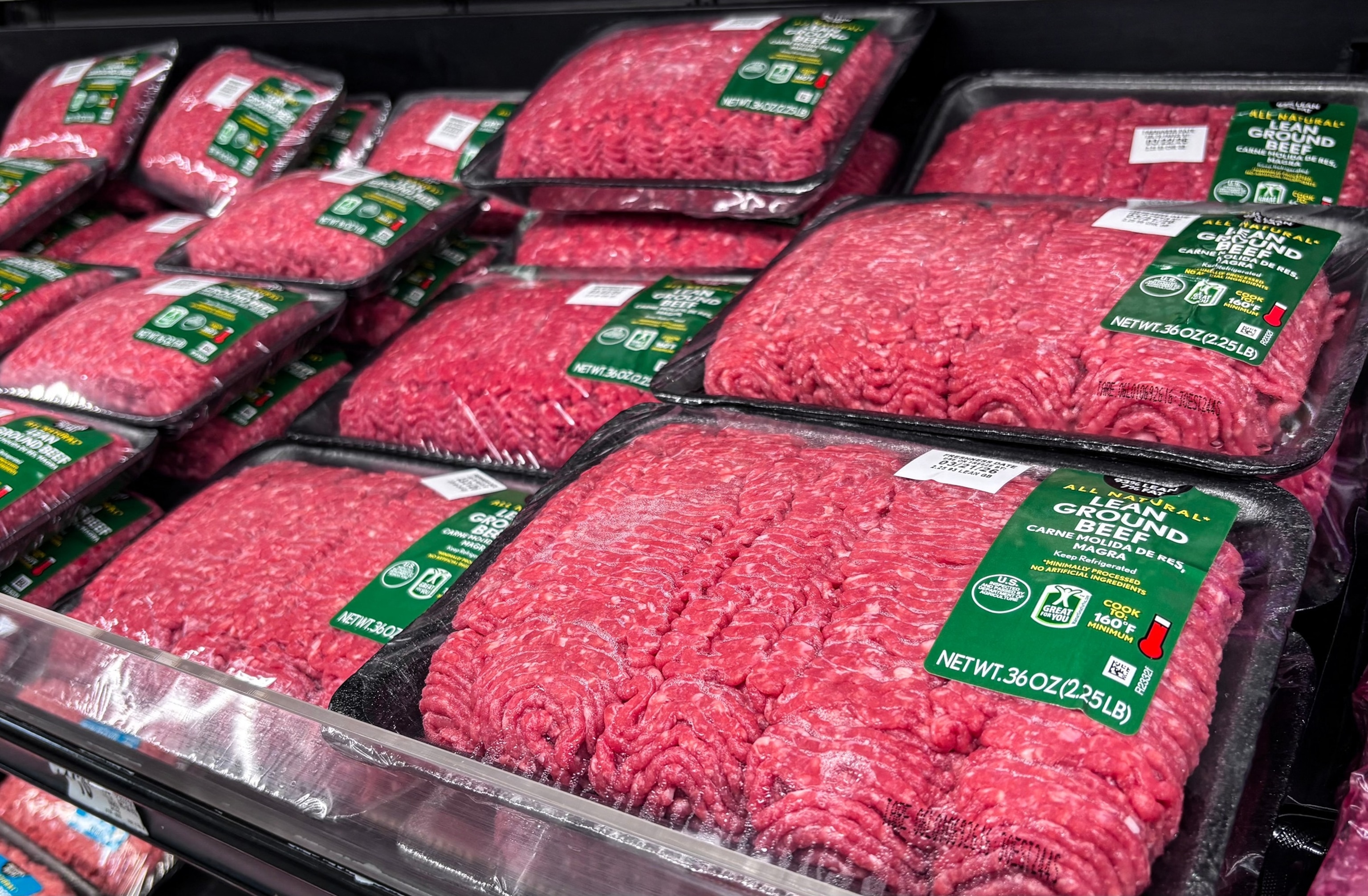 In this March 17, 2026, file photo, packages of ground beef are seen at a supermarket in Houston, Texas.Ronaldo Schemidt/AFP via Getty Images, FILE