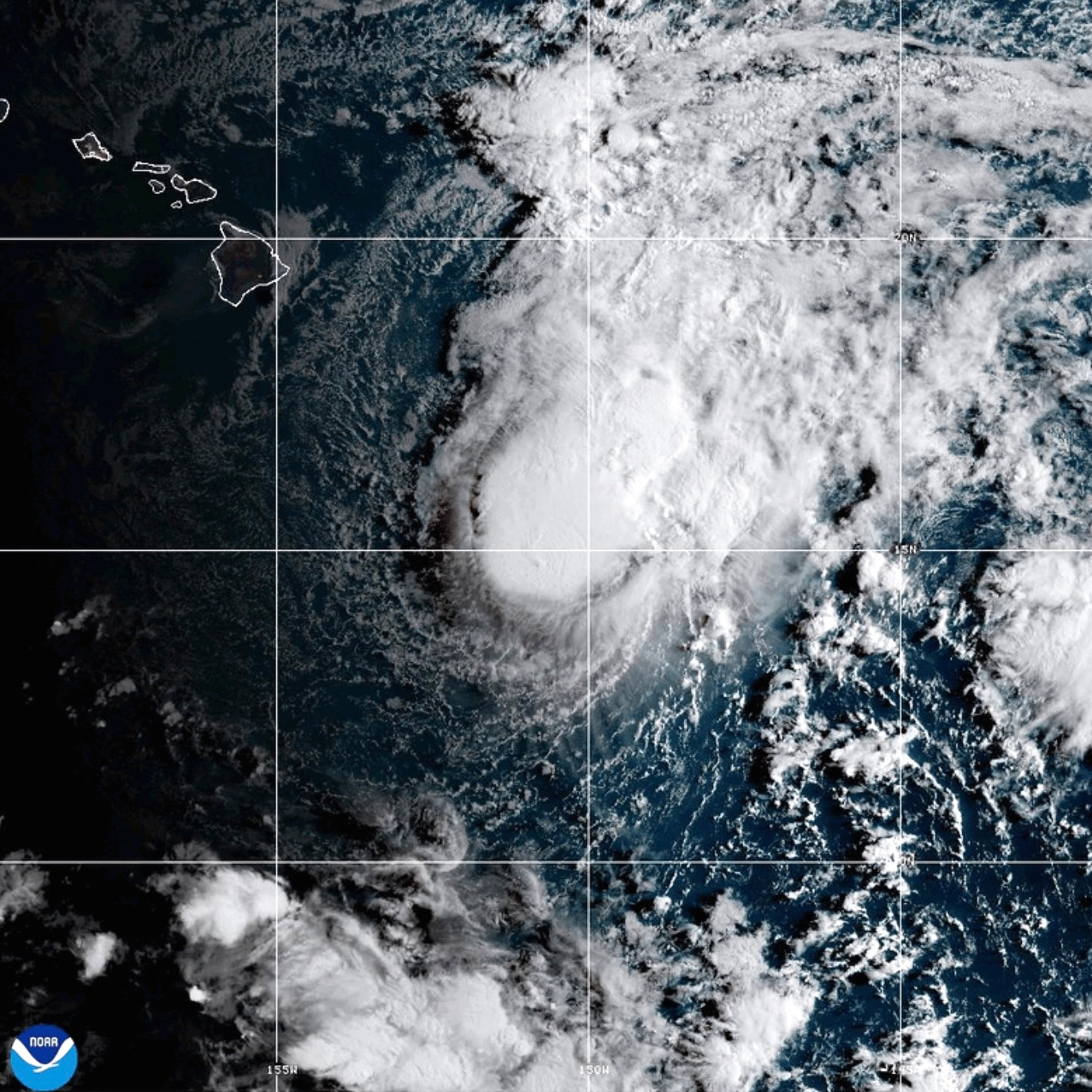 This NOAA satellite image taken Aug. 22, 2026, shows Tropical Storm Moke advancing towards Hawaii in the Pacific Ocean.NOAA via AP