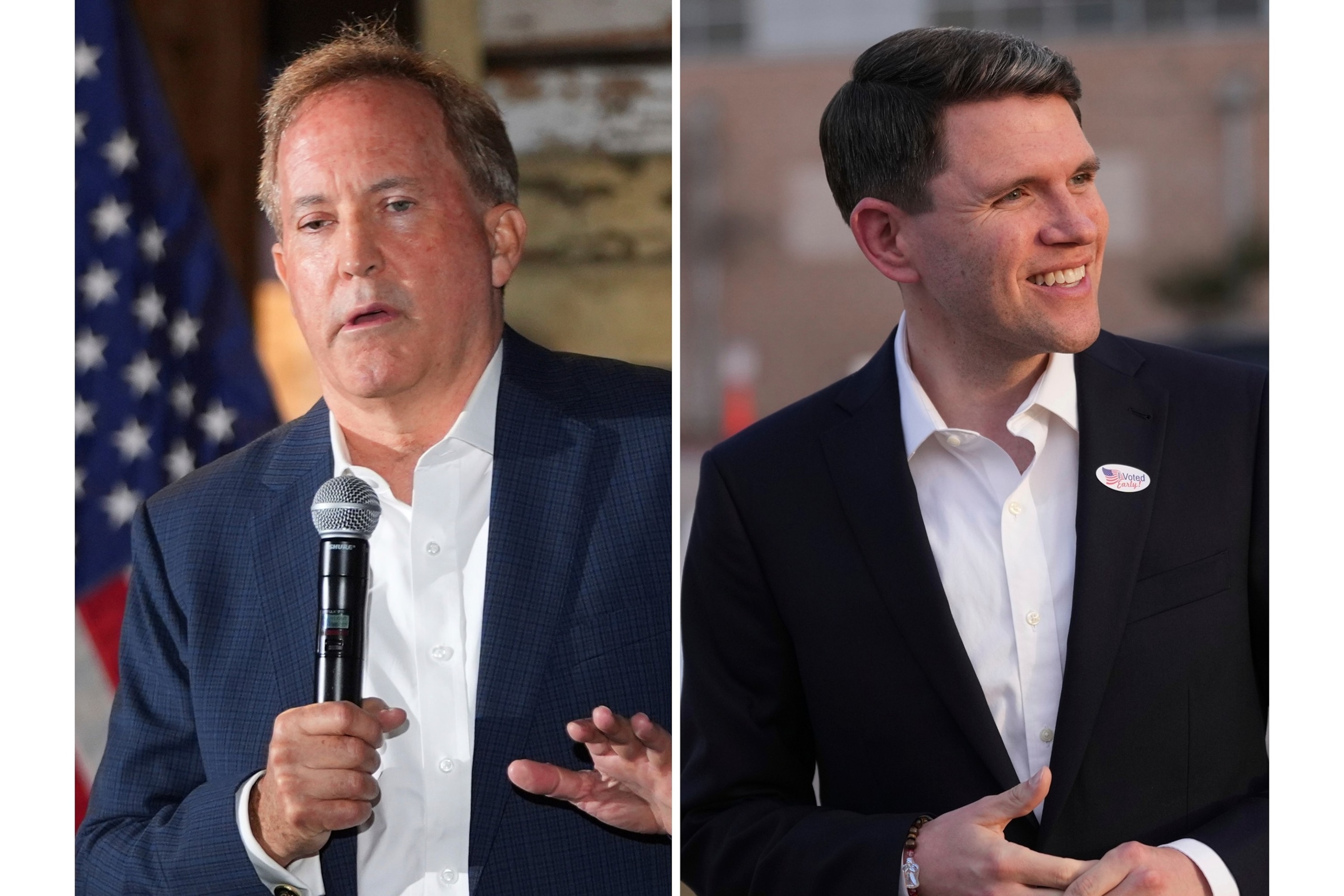 At left, Texas Attorney General Ken Paxton speaks in McKinney, Texas, May 19, 2026, and at right, Texas state Rep. James Talarico, after voting, in Austin, Texas, Feb. 17, 2026.Lm Otero/eric Gay/AP Photo/LM Otero/Eric Gay