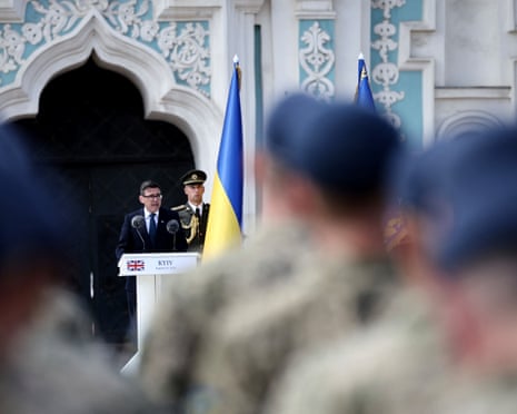 Britain's prime minister Andy Burnham (C) addresses National Guard of Ukraine and European leaders as he attends a commemorative ceremony marking Ukraine's 35th Independence Day outside St. Sofia cathedral in Kyiv.Photograph: Henry Nicholls/AFP/Getty Images