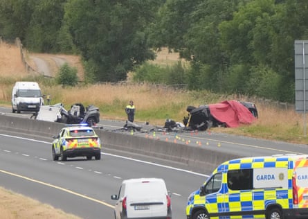 The scene on the M9 northbound in County Kildare, Ireland, after five teenagers died in a crash involving a car driving in the wrong direction on the motorway.Photograph: Niall Carson/PA