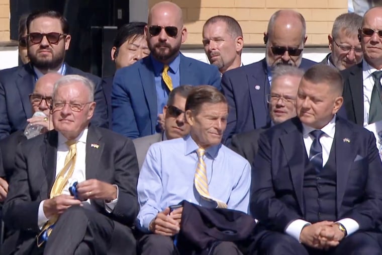 Sen. Richard Blumenthal, D-Conn., center, and former Trump special envoy for Ukraine Keith Kellogg, left, during the Independence Day ceremony.Volodymyr Zelenskyy  / via X