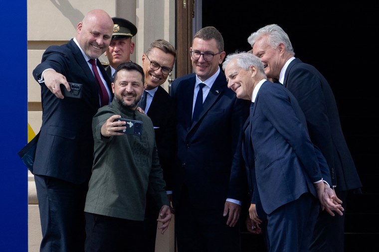 Volodymyr Zelenskyy, second right, with European leaders during the Nordic-Baltic Eight summit in Kyiv on Sunday.Tetiana Dzhafarova / AFP via Getty Images