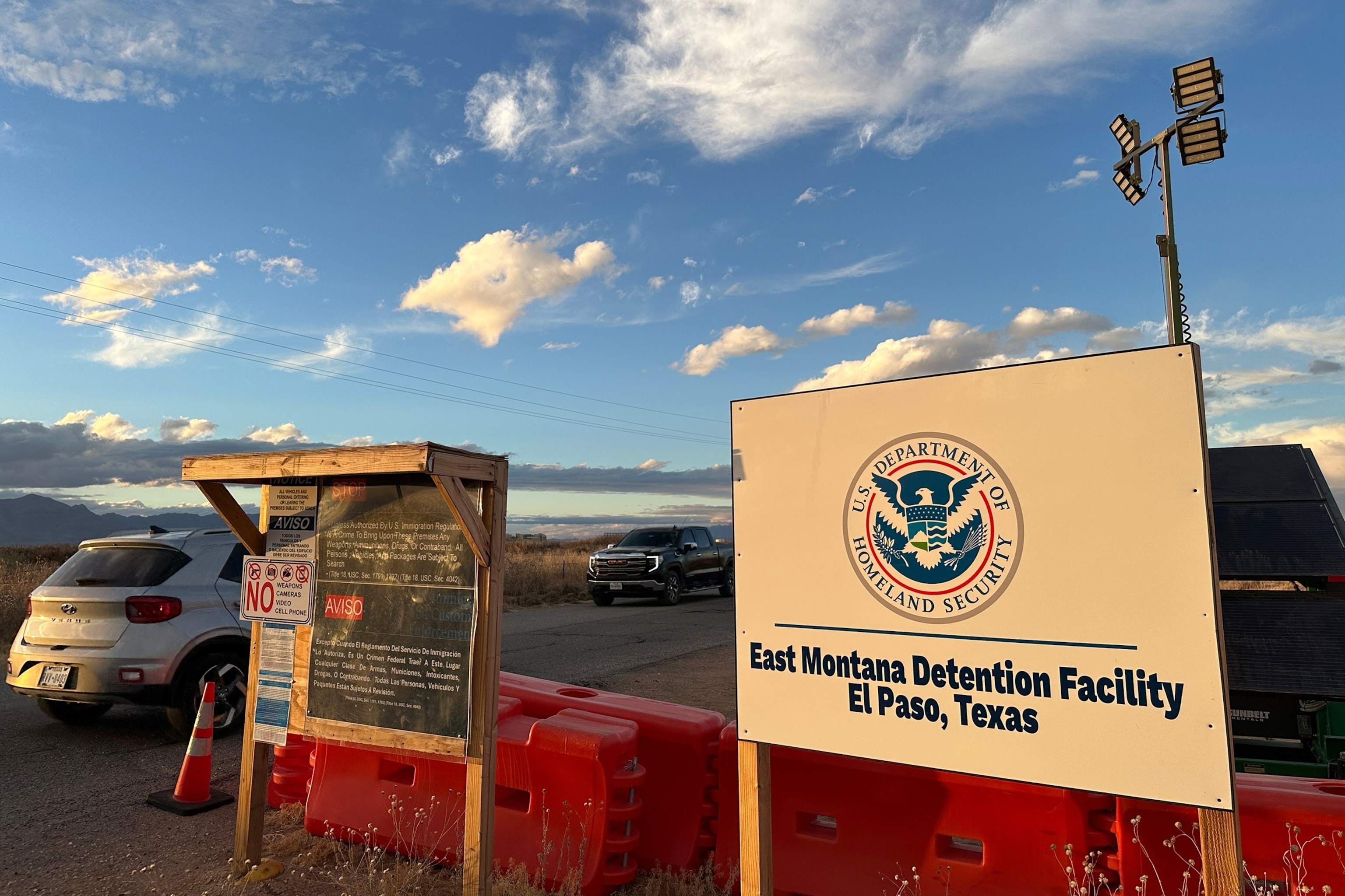 A sign marks the entrance to a series of hardened tents at the Camp East Montana immigrant detention center in the desert at a U.S. Army base on the outskirts of El Paso, Texas, Feb. 13, 2026.Morgan Lee/AP Photo