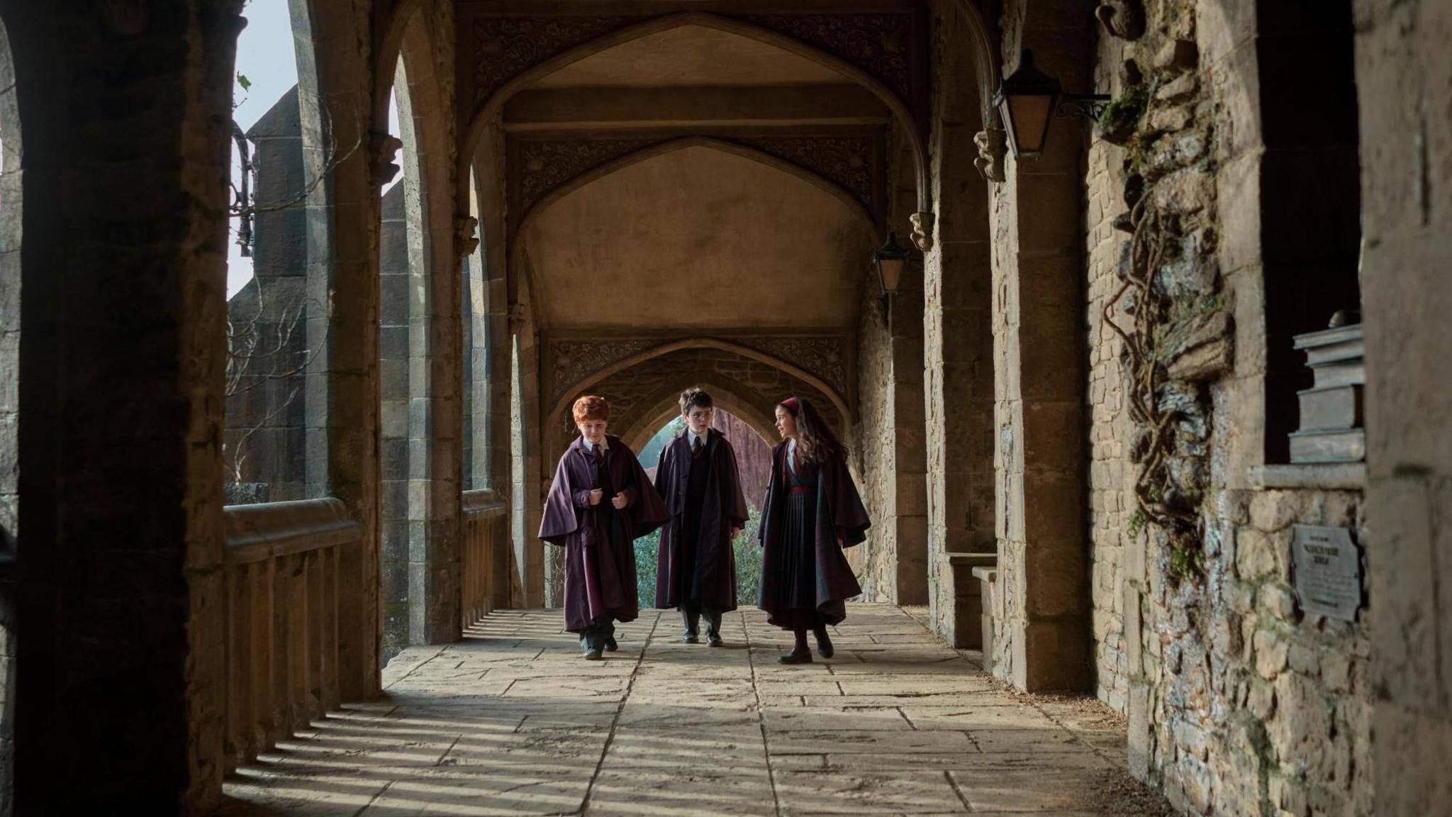 Image caption,The new series stars Alastair Stout as Ron Weasley, Dominic McLaughlin as Harry Potter and Arabella Stanton as Hermione Granger.