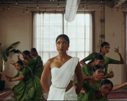 Actor Maitreyi Ramakrishnan, centre, with hybrid bharatham dancers in Usha Jey’s video Hide N Seek.Photograph: Youtube