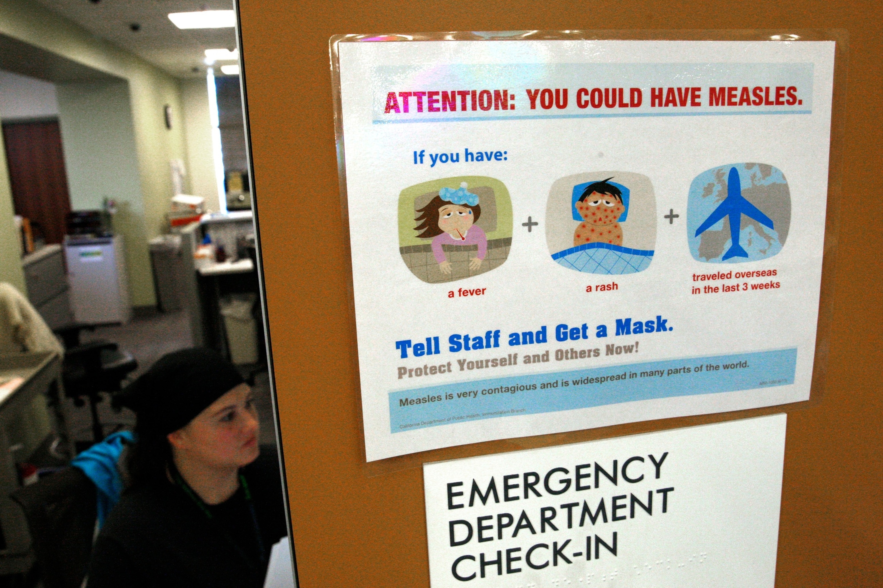Measles literature seen at Kaiser's emergency department check-in at Redwood City, Calif., on Friday, Jan. 23, 2015. (Photo By Liz Hafalia/The San Francisco Chronicle via Getty Images)San Francisco Chronicle/hearst N/San Francisco Chronicle via Gett