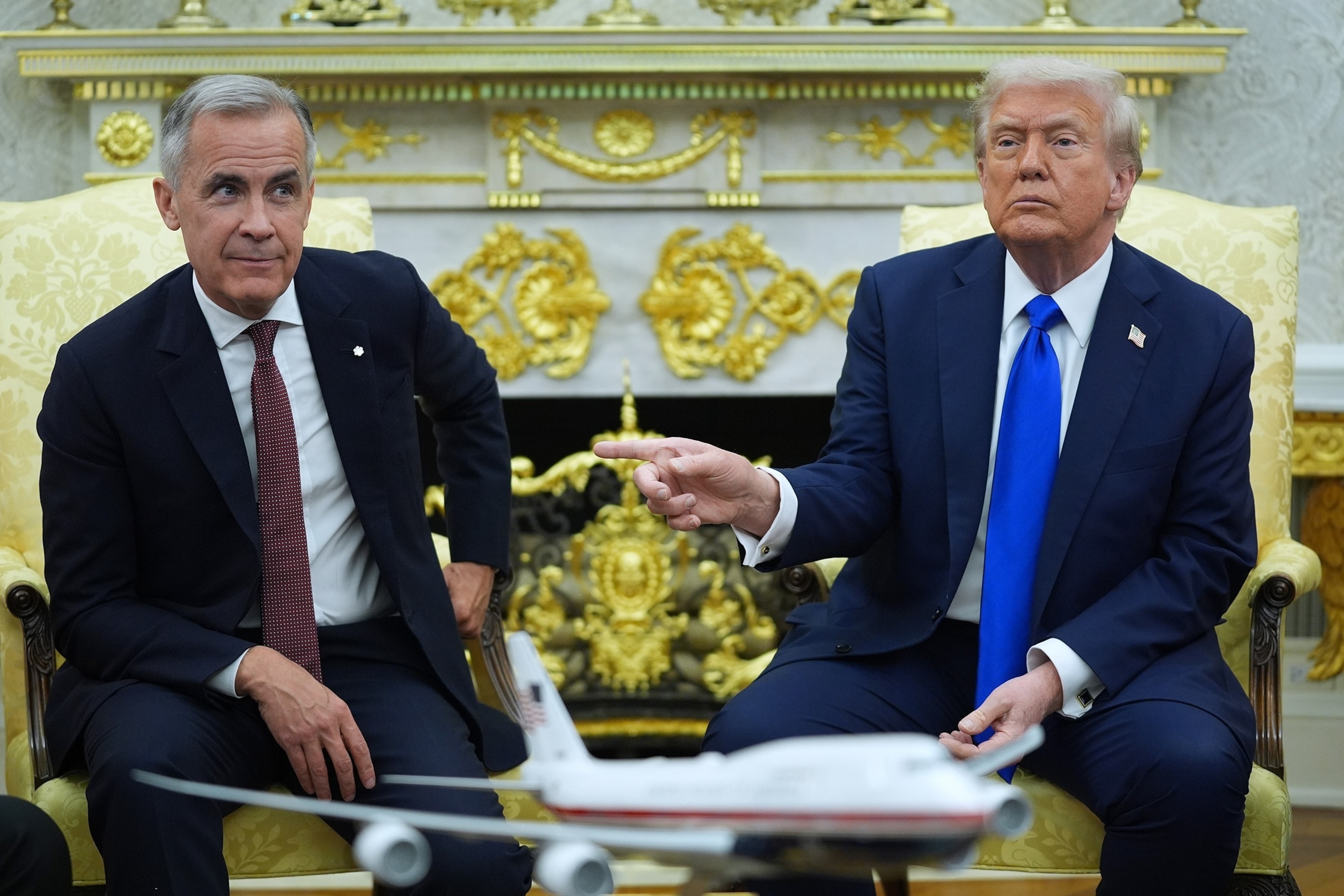 President Donald Trump and Canadian Prime Minister Mark Carney meet in the Oval Office of the White House, Oct. 7, 2025, in Washington.Evan Vucci/AP