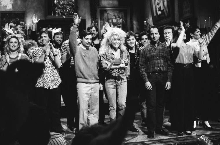 Dana Carvey, Mike Myers, Dolly Parton, Jon Lovitz and Phil Hartman on "Saturday Night Live" in 1989.NBC