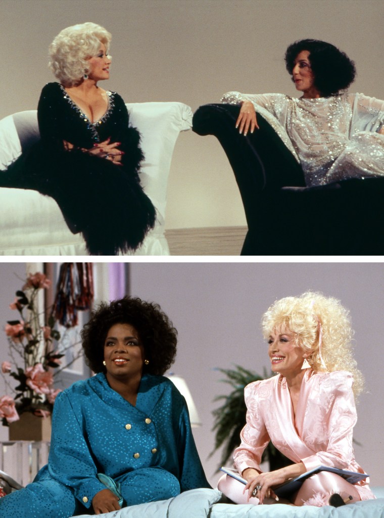 Dolly Parton and Cher in 1978; Oprah Winfrey and Dolly Parton in 1987.Getty Images