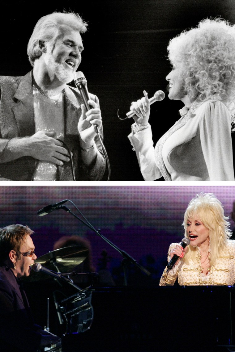Dolly Parton with Miley Cyrus in 2019; Kenny Rogers and Dolly Parton in 1986; Elton John and Dolly Parton in 2005.Getty Images; AP