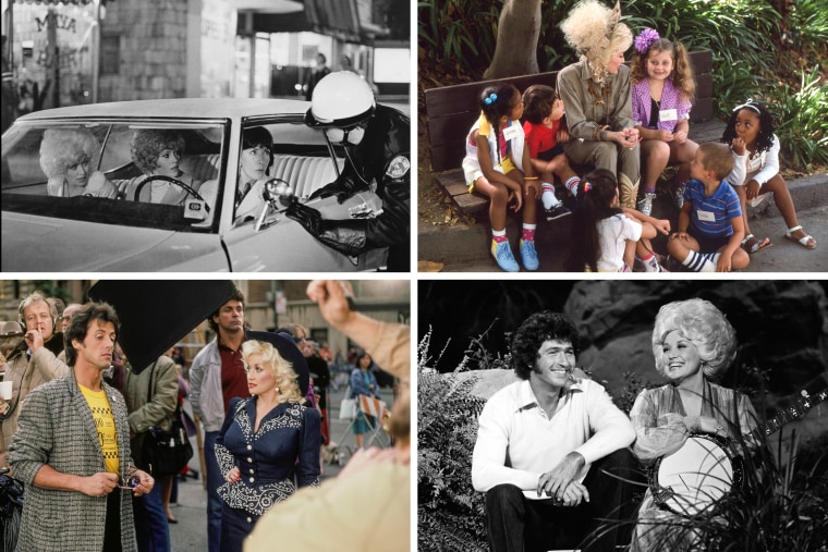 From top left, clockwise, Dolly Parton in "9 to 5," "Dolly," "Rhinestone" and "Sounds Like Home."Getty Images; NBC