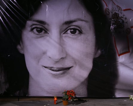Tributes left to Daphne Caruana Galizia at the law courts in Valletta in 2018.Photograph: Jonathan Borg/AP