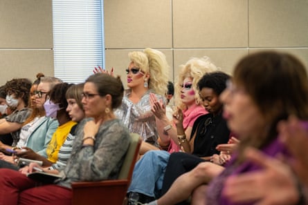 Drag queens Maxine LaQueene and Brigitte Bandit applaud against Senate bill 8, known as the bathroom bill, a testimony during the Texas house of representatives’ state affairs committee on 22 August 2025.Photograph: Austin American-Statesman/Hearst Newspapers/The Austin American-Statesman/Getty Images