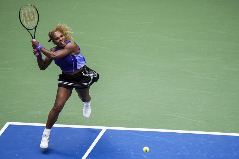 Serena Williams during a mixed doubles quarterfinal match in New York on Tuesday.Garrett Ellwood / USTA via Getty Images