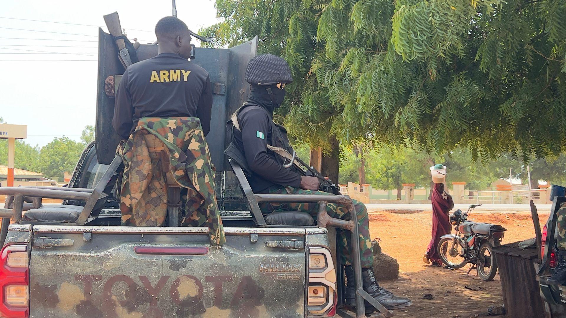 Image caption,Military escorts have become increasingly common on the main road to Gusau to protect travellers from bandit attacks