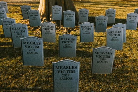 Fake gravestones to signify the Samoa measles victims of 2019 sit in the grass outside the US Capitol ahead of Robert F Kennedy Jr’s confirmation hearings in Washington, on 29 January 2025.Photograph: The Washington Post/Getty Images